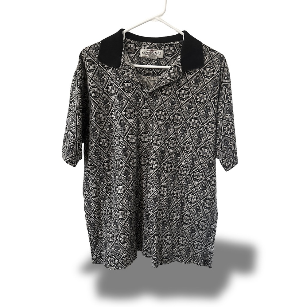 Men's Black and White 90s Tribal Secondhand Vintage Geometric Polo Shirt
